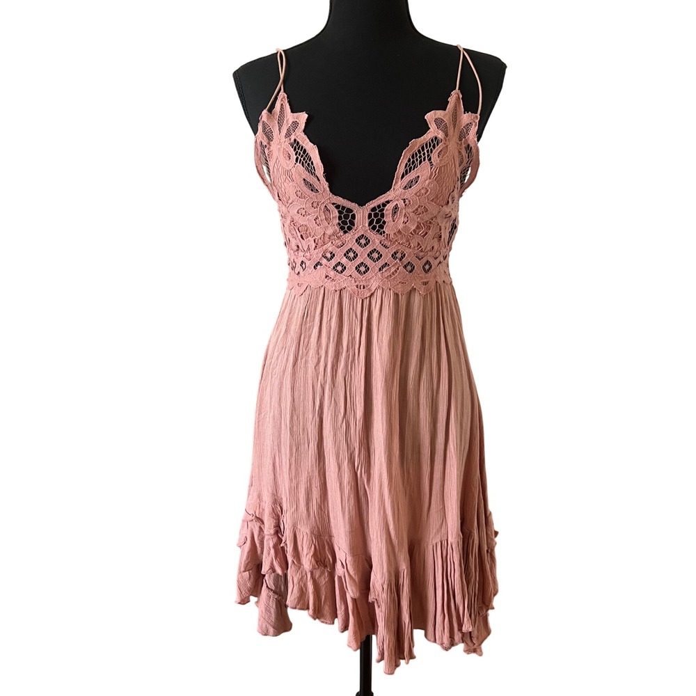 Free People FP One Adella Lace Mini Dress Rose Pink Boho Handkerchief Hem XS